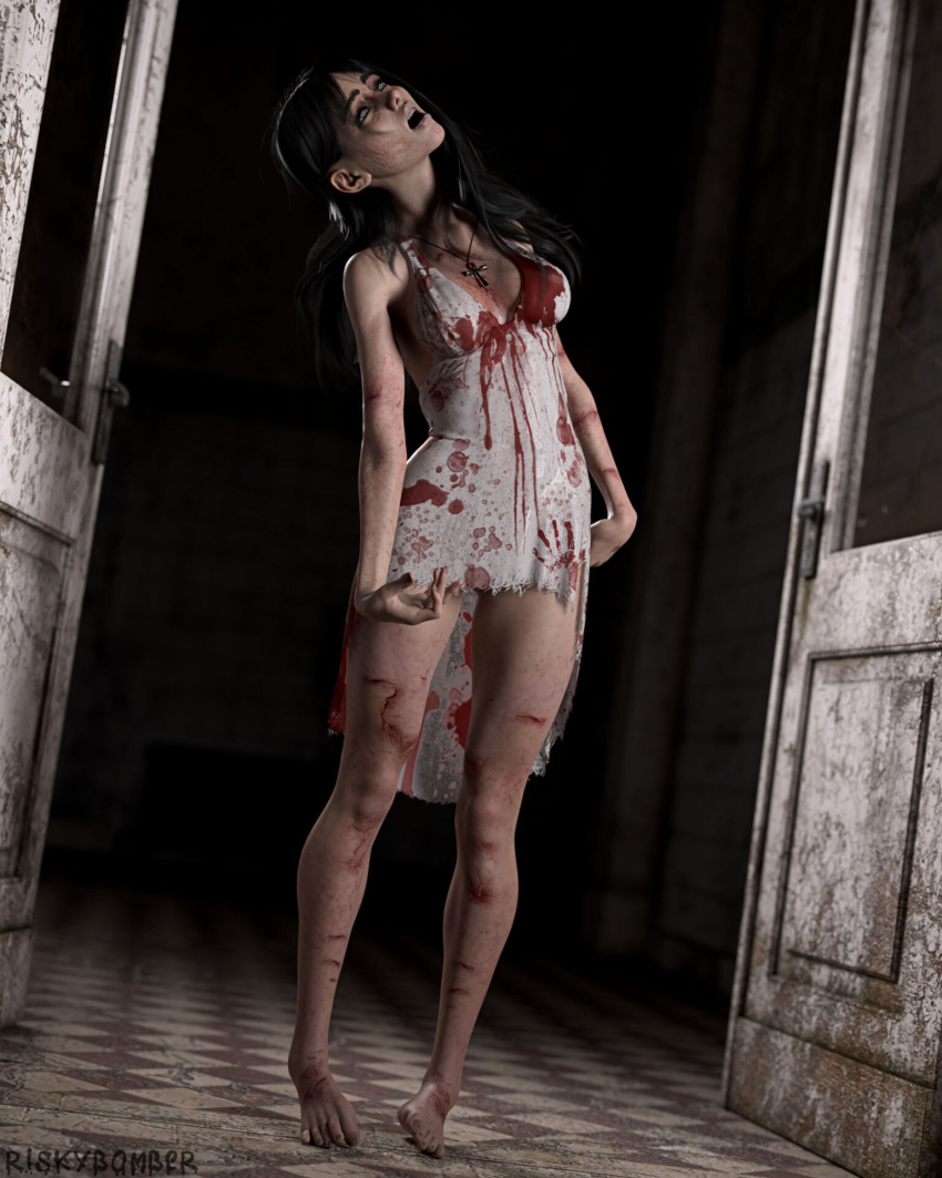 1girls 3d ankh_necklace autopsy_scar black_hair blood bloodstain blue_eyes clothed clothing clouded_eyes depth_of_field dress female female_only indoors large_breasts long_hair medium_breasts mottled_body necklace nude nude_female pale-skinned_female pale_skin pinup riskybomber slushe_(website) solo solo_female standing undead white_dress zombie zombie_girl