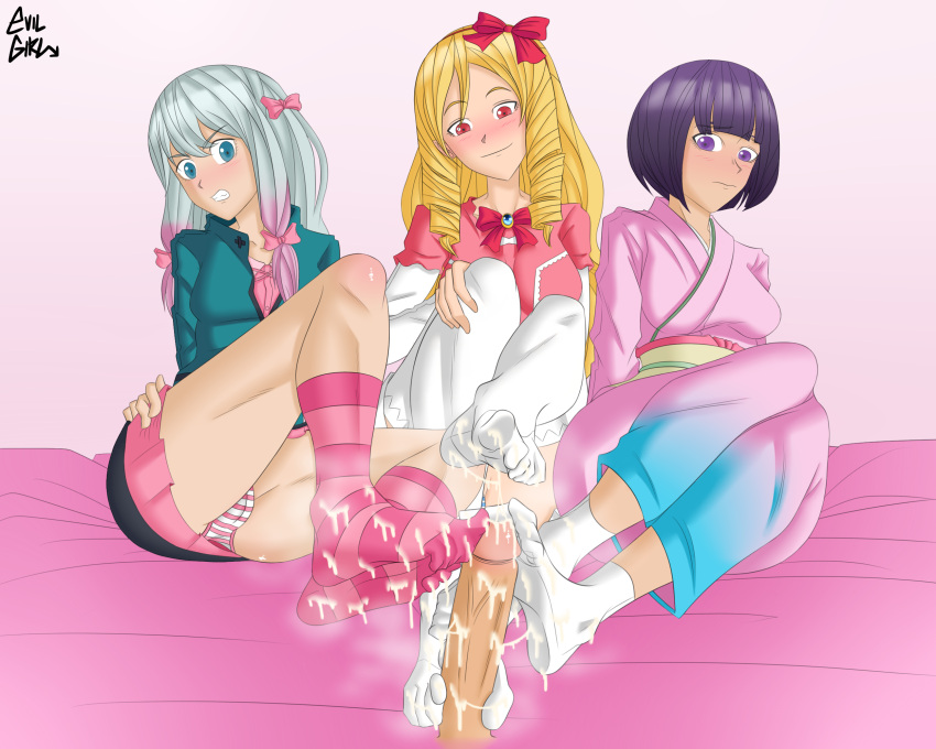 1boy 2021 3girls bed blonde_hair blue_eyes blush elf elf_ears elf_female eromanga_sensei evilgirl feet female female_focus foot_fetish foot_focus footjob fringe fringe_hair izumi_sagiri long_hair penis pink_background pointy_ears purple_hair red_eyes ribbon ribbons senju_muramasa short_hair silver_hair simple_background sitting sitting_on_bed yamada_elf yellow_hair