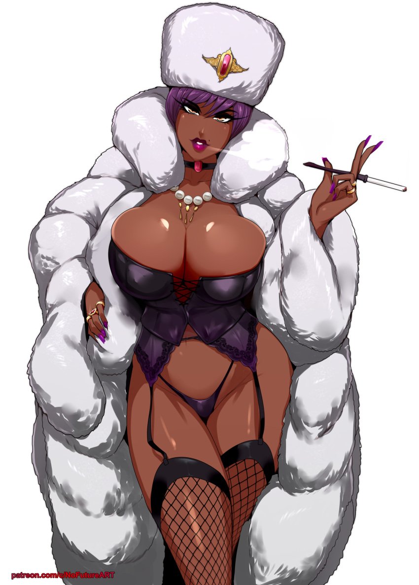 1girls big_breasts choker cigarette cleavage corset dark-skinned_female dark_skin eyelashes female female_only fishnet_stockings fur_coat fur_hat garter_straps hat hi_res looking_at_viewer mole mole_above_mouth narrowed_eyes nofuture pearl_necklace purple_hair purple_lipstick purple_nail_polish red_lipstick smoking solo stockings white_background yellow_eyes