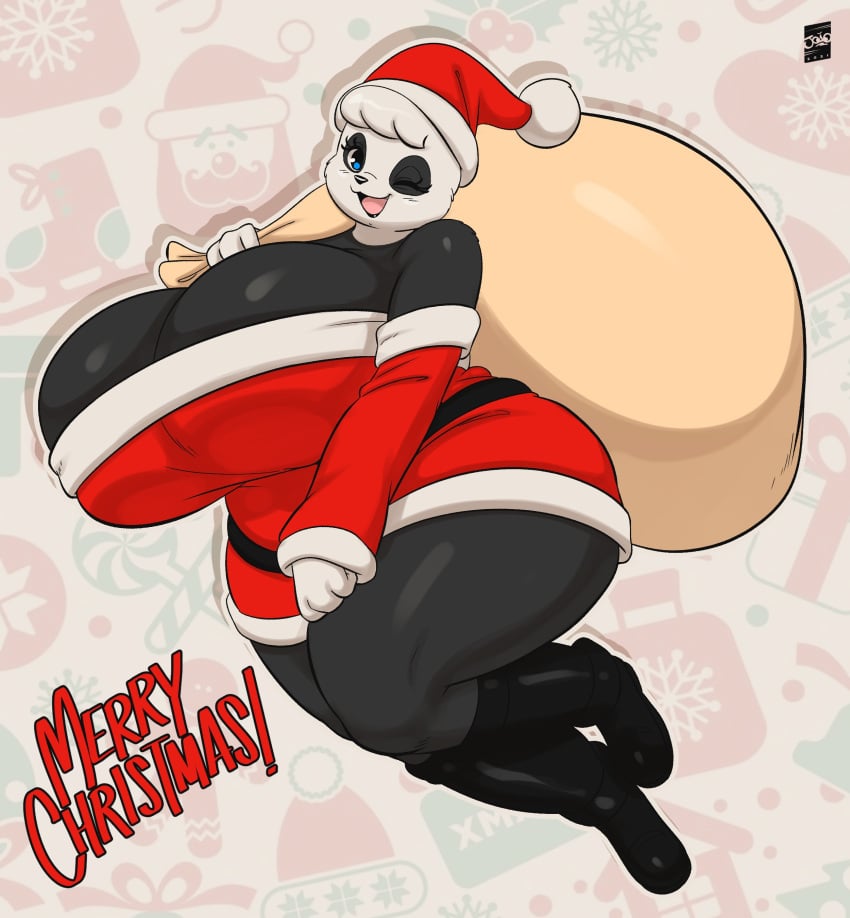 bear big_breasts christmas female furry giant_panda huge_breasts joaoppereiraus panda sueli_(joaoppereiraus) tagme thick_thighs wide_hips