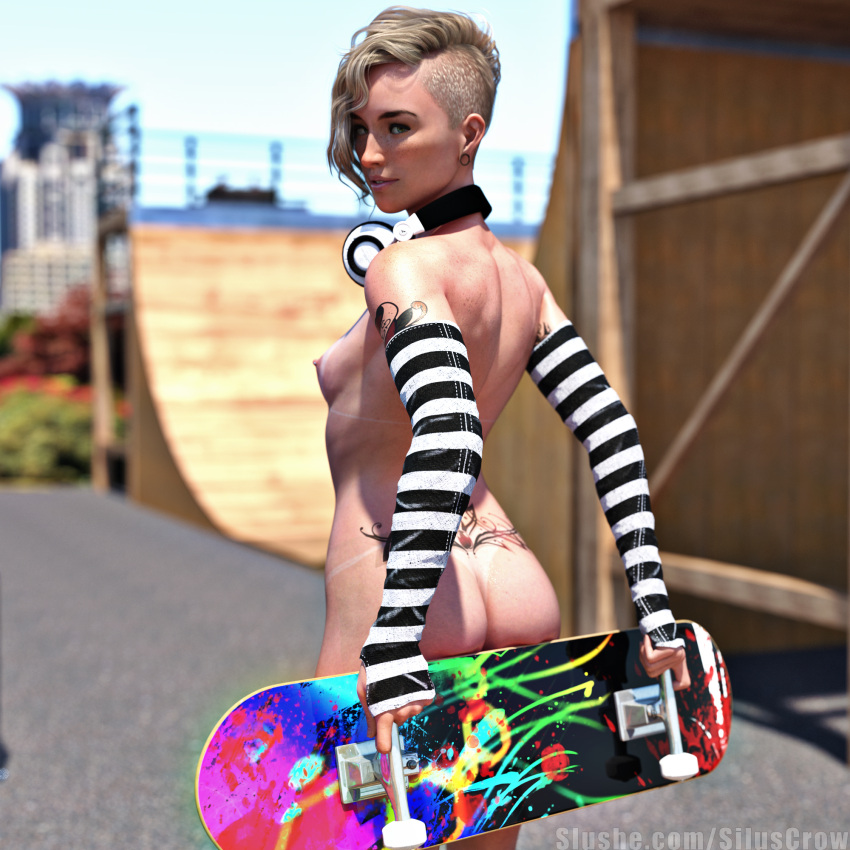 1girls 2021 3d arm_tattoo back_tattoo blonde_hair erin_(siluscrow) female female_only headphones looking_at_viewer looking_back lower_back_tattoo nude nude_female original outdoor outdoor_nudity outdoors outside pinup public public_nudity short_hair siluscrow skateboard skater slushe_(website) small_breasts solo solo_female standing star_tattoo striped striped_armwear striped_clothing undercut