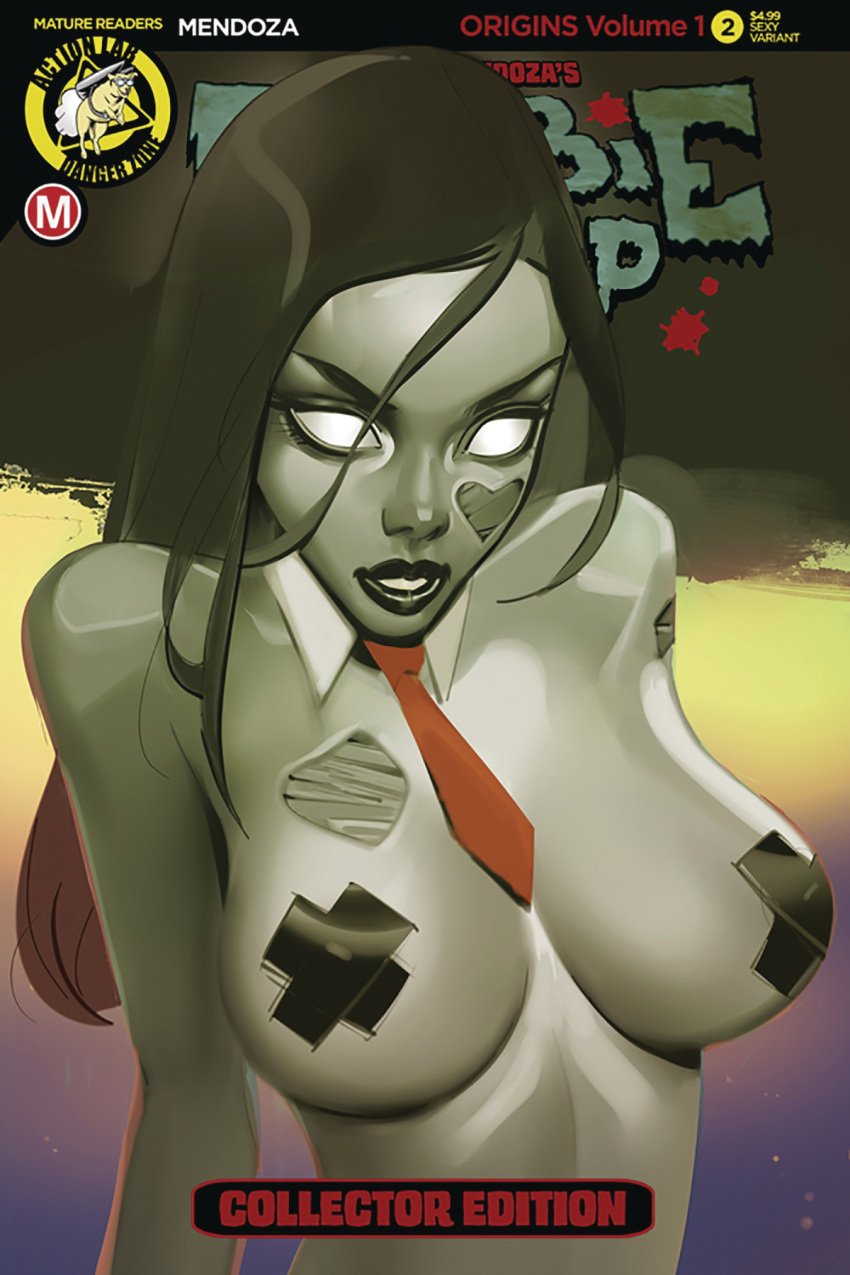 comic_cover dangerous female_only green_skin living_dead presenting_breasts seductive_look seductive_pose tempting white_eyes zombie zombie_girl zombie_tramp