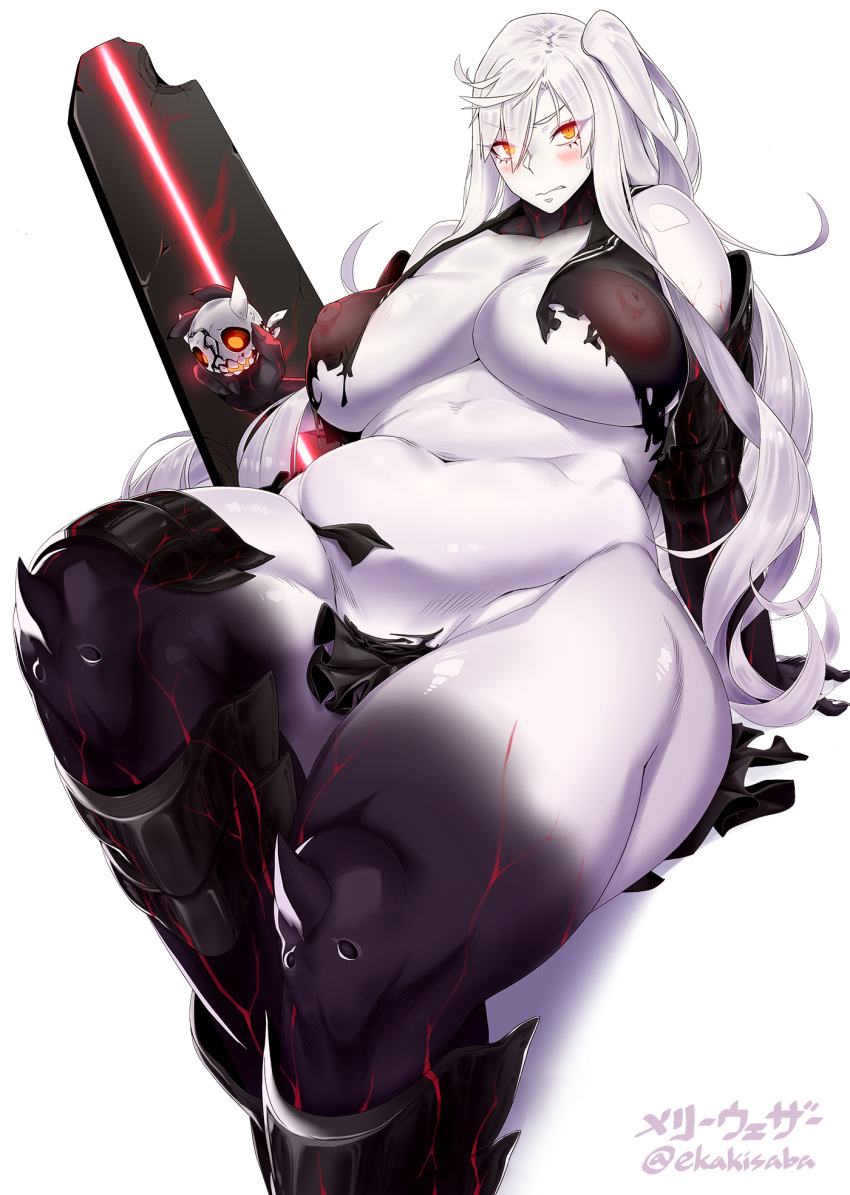 aircraft_carrier_hime armored_boots belly black_skin blush curvy huge_breasts kantai_collection master_cake meriueza nipples no_bra no_panties orange_eyes plump see-through shinkaisei-kan thick_thighs torn_clothes white_hair white_skin wide_hips