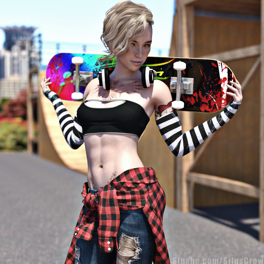 1girls 2021 3d arm_tattoo blonde_hair chest_tattoo clothed clothing erin_(siluscrow) female female_only headphones looking_at_viewer oc original original_character outdoor outdoors outside pinup public short_hair siluscrow skateboard skater slushe_(website) small_breasts solo solo_female standing star_tattoo streetwear striped striped_armwear striped_clothing undercut