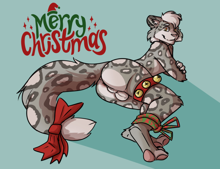 anthro ass balls bondage bondage bound christmas crossed_arms digital_media_(artwork) felid fur genitals hair holidays legs_tied leopard looking_at_viewer male male/male mammal mindoffur nude pantherine penis simple_background smile snow_leopard solo spots