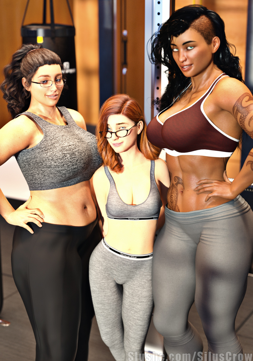 3d 3girls abs arm_tattoo black_hair blue_eyes brown_hair chubby dark-skinned_female dark_skin depth_of_field glasses gym huge_breasts indoors large_breasts larger_female long_hair looking_at_viewer makayla_(siluscrow) michelle_(siluscrow) millie_(siluscrow) muscular muscular_female orange_hair original petite pinup red_hair samoan siluscrow size_difference slushe_(website) small_breasts smaller_female smile standing tattoo tattoos