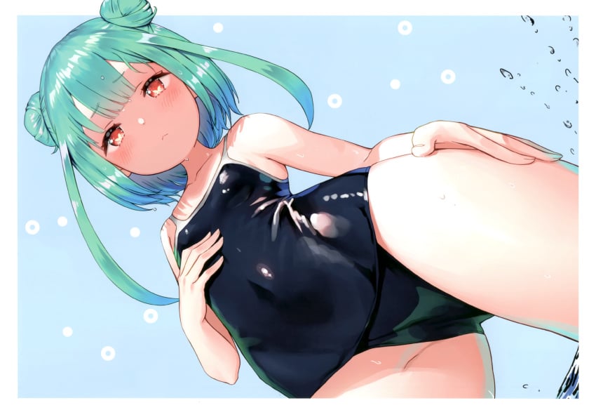 :< aqua_background bangs bare_shoulders blue_swimsuit blush breasts clavicle covered_navel cowboy_shot cutting_board double_bun dutch_angle eyebrows_visible_through_hair female flat_chest flat_chested green_hair hair_ornament hand_on_chest hand_on_own_chest hand_on_own_thigh hand_on_thigh hand_up heart heart-shaped_pupils high_resolution hololive hololive_fantasy hololive_japan kamikire_basami looking_at_viewer official_art one-piece_swimsuit petite pettanko red_eyes scan school_swimsuit simple_background small_breasts solo sukumizu swimsuit symbol-shaped_pupils tank_suit thighs uruha_rushia very_high_resolution viewed_from_below virtual_youtuber water water_drop wet yasuyuki