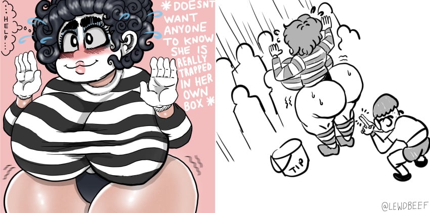 2_panel_comic booty_shorts chubby clothing crowd crowd_watching curly_hair curvy embarrassed english_text facepaint gloves huge_ass huge_breasts impending_anal kancho lewdbeef mime original original_character public shoes shorts stripes stuck surprise text thick_thighs thousand_years_of_death