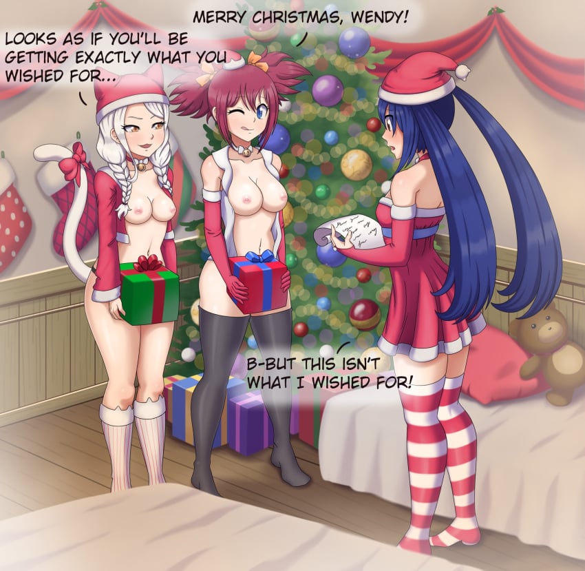 3girls blue_eyes blue_hair brown_eyes carla_(fairy_tail) cat_ears cat_tail catgirl charle_(fairy_tail) chelia_blendy christmas english_text fairy_tail female female_only gift gift_box glitchynpc implied_futanari multiple_girls oppai petite pink_hair presents santa_costume strap-on text wendy_marvell white_hair