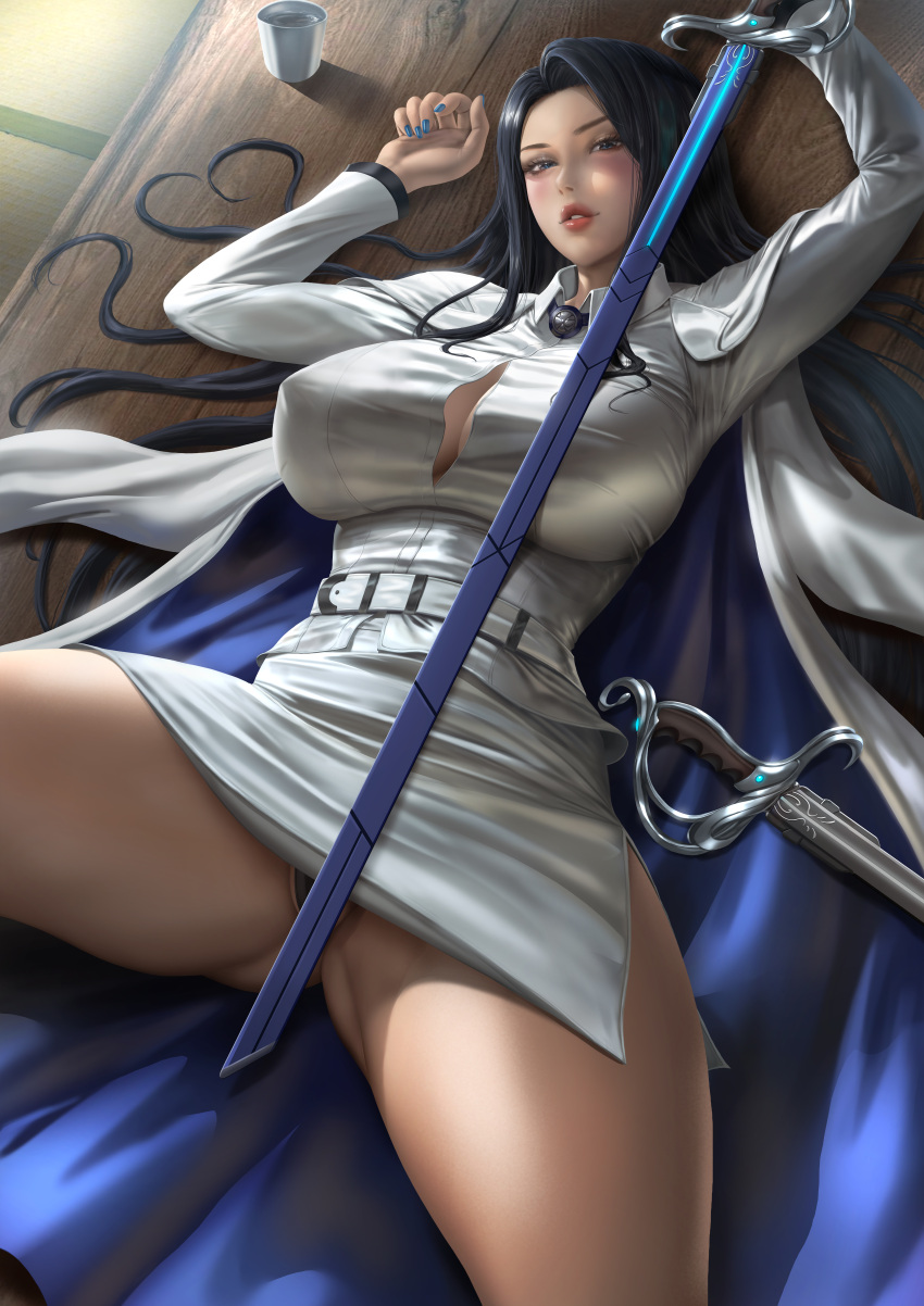 1girls absurd_res arm_up bare_thighs big_breasts black_hair blue_eyes blue_nail_polish blue_nails breasts cleavage cleavage_cutout clothed clothing coat extremely_large_filesize female female_focus female_only fit fit_female high_resolution highres hips holding_sword holding_weapon invincible_dragon_(last_origin) large_breasts last_origin legs lexaiduer light-skinned_female light_skin lips lipstick long_hair looking_at_viewer nail_polish nails on_back open_legs overcoat red_lips red_lipstick skirt slim_girl slim_waist solo solo_female solo_focus sword thick_thighs thighs toned toned_female underwear underwear_peek unicorn very_high_resolution weapon white_coat white_skirt white_uniform wide_hips wooden_floor