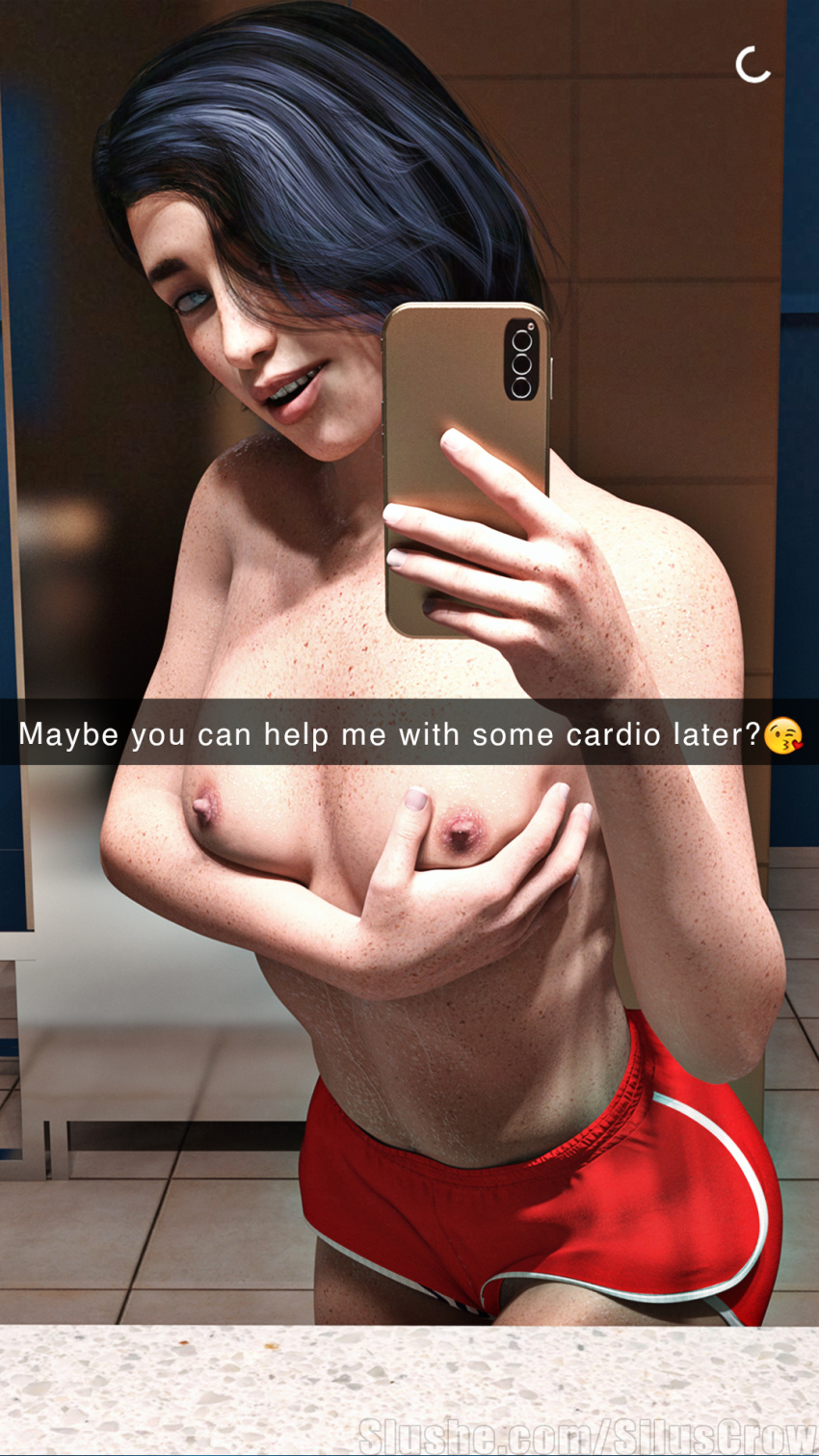 1girls 3d cass_(siluscrow) dialogue english_text female female_only gym indoors medium_breasts mirror_selfie original pinup selfie siluscrow slushe_(website) solo solo_female topless