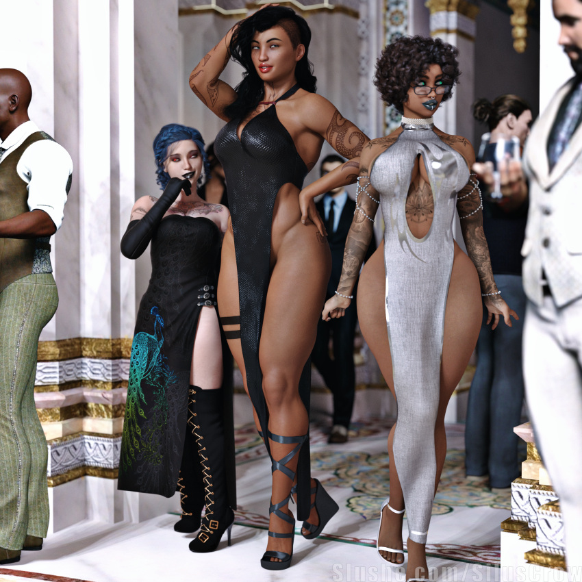 3d 3girls arm_tattoo black_hair black_lipstick blue_hair boots chest_tattoo clothed clothing curly_hair dark-skinned_female dark-skinned_male dark_skin depth_of_field dress glass glowing_eyes height_difference high_heels kneehigh_boots kneehighs light-skinned_female light-skinned_male light_skin lip_ring lipstick long_hair makayla_(siluscrow) mary_(siluscrow) multiple_girls muscular muscular_female no_panties nopan nose_ring pale-skinned_female pale_skin party pelvic_curtain pinup platform_heels red_eyes short_hair siluscrow slushe_(website) standing suit suit_and_tie talia_(siluscrow) tattoo tattoos wide_hips