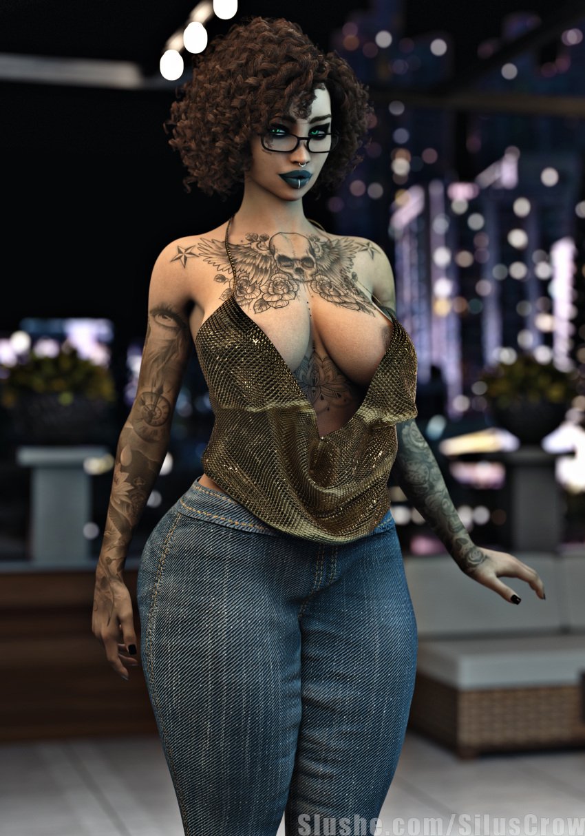 1girls 3d arm_tattoo black_lipstick black_nail_polish black_nails brown_hair chest_tattoo city_background clothed clothing curly_hair dark-skinned_female dark_skin depth_of_field female female_only large_breasts lip_ring looking_at_viewer medium_hair night original pinup sagging_breasts siluscrow slushe_(website) solo solo_female standing talia_(siluscrow) tattoo tattoos wide_hips