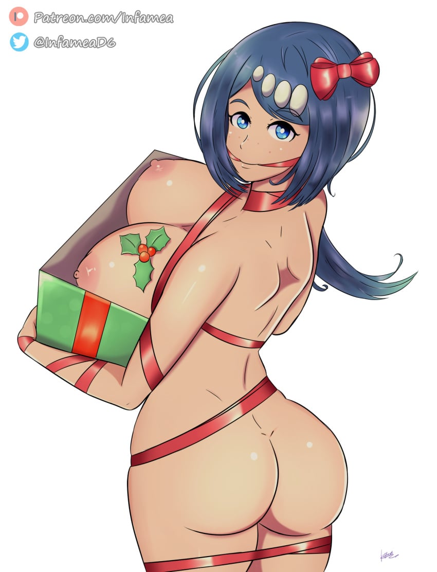 1girls areolae ass big_ass big_breasts blue_eyes blue_hair boobs breasts christmas female female_only freckles gigantic_breasts hair_ornament hi_res highres human infamea lana's_mother_(pokemon) mature mature_female milf nintendo nipples pokemon pokemon_sm tied_hair white_background