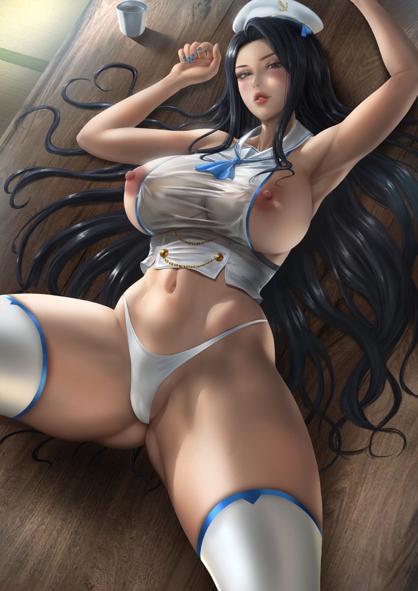 1girls abs absurd_res alternate_costume areola areolae arm_up armpit bare_arms bare_midriff bare_shoulders bare_skin bare_thighs big_breasts black_hair blue_eyes blue_nail_polish blue_nails breasts breasts_exposed breasts_out breasts_out_of_clothes clothed clothing extremely_large_filesize female female_focus female_only fit fit_female high_resolution highres hips invincible_dragon_(last_origin) invincible_dragon_(sailor_dress)_(last_origin) large_breasts last_origin legs lexaiduer light-skinned_female light_skin lips lipstick long_hair looking_at_viewer midriff nail_polish nails navel nipples nipples_visible_through_clothing official_alternate_costume on_back open_legs panties red_lips red_lipstick sailor_hat sailor_uniform see-through_shirt shirt sideboob skimpy skimpy_clothes sleeveless sleeveless_shirt slim_girl slim_waist solo solo_female solo_focus thick_thighs thighhighs thighs tight_clothing tight_fit tight_shirt toned toned_female underwear very_high_resolution white_panties white_underwear wide_hips wooden_floor