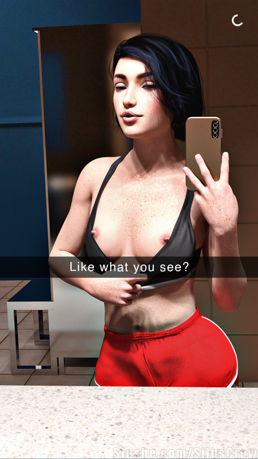 1girls 3d cass_(siluscrow) dialogue english_text female female_only gym indoors medium_breasts mirror_selfie original pinup selfie shirt_down siluscrow slushe_(website) solo solo_female