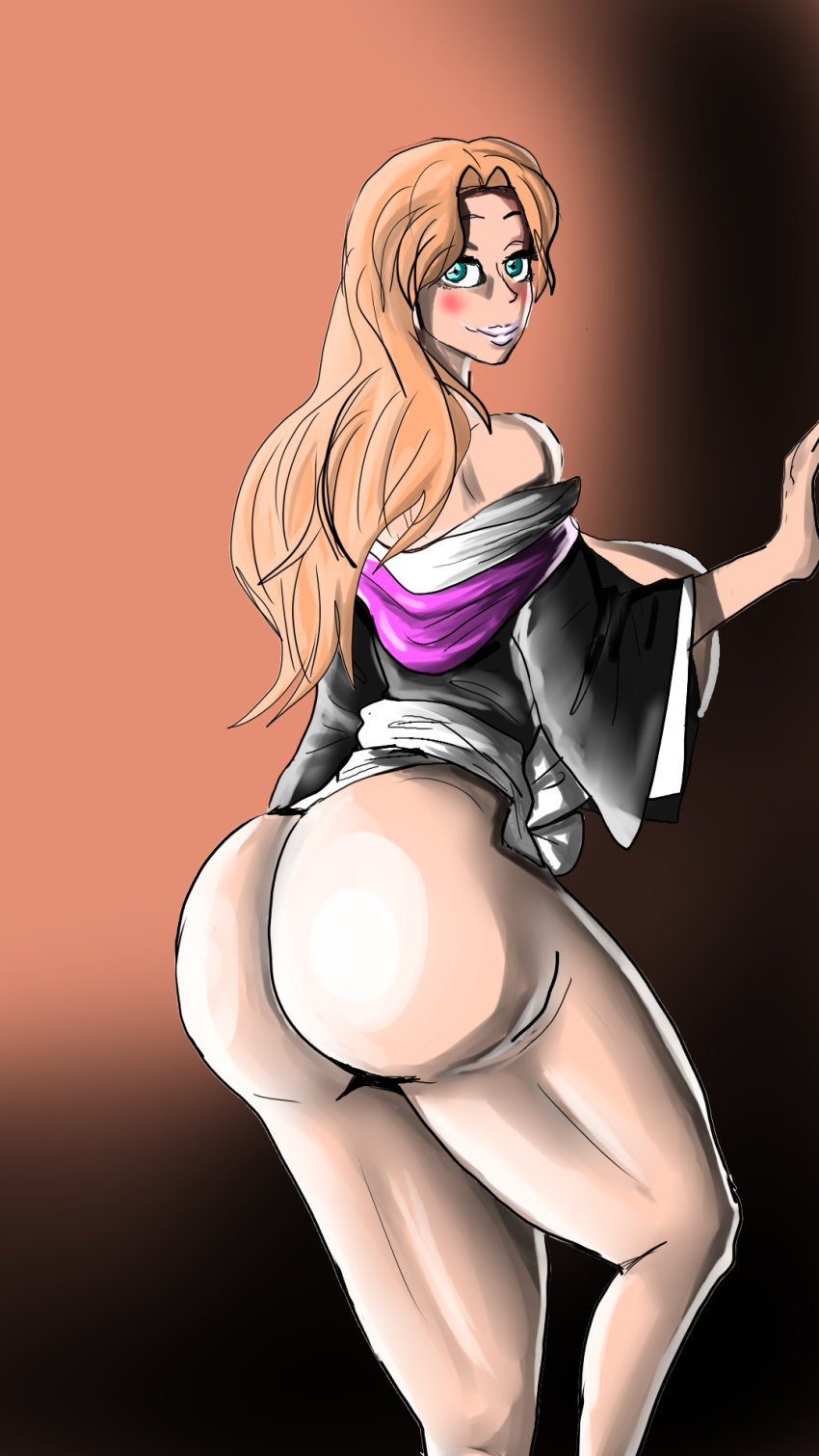 1girls ass big_ass big_breasts bleach blonde_hair blue_eyes dat_ass female female_only huge_ass light-skinned_female looking_at_viewer matsumoto_rangiku mentins orange_hair pose shadow shihakusho smiling_at_viewer solo