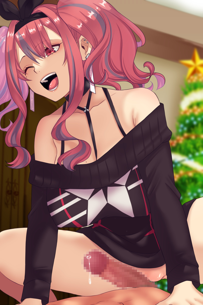 1boy absurdres azur_lane bangs bar_censor bare_shoulders black_ribbon black_sweater blush bottomless breasts bremerton_(azur_lane) bremerton_(day-off_date)_(azur_lane) censored cowgirl_position cowgirl_position female hair_ribbon highres large_breasts long_hair multicolored_hair off-shoulder_sweater off_shoulder open_mouth penis pink_eyes pink_hair pussy ribbon smile spread_legs straddling straight streaked_hair sweater thighs twintails utani_(punishment) vaginal_penetration