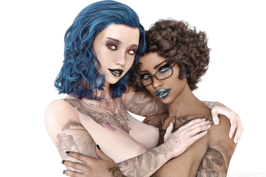 2girls 3d alternate_version_available arm_tattoo black_lipstick blue_eyes blue_hair blue_lipstick blue_nail_polish brown_hair chest_tattoo curly_hair dark-skinned_female dark_skin embrace eyebrow_piercing female female_only glasses glowing_eyes lip_ring looking_at_viewer mary_(siluscrow) medium_hair multiple_girls nose_ring nude nude_female original pale-skinned_female pale_skin pinup red_eyes short_hair siluscrow slushe_(website) smile solid_color_background talia_(siluscrow) tattoo tattoos teal_lipstick white_background