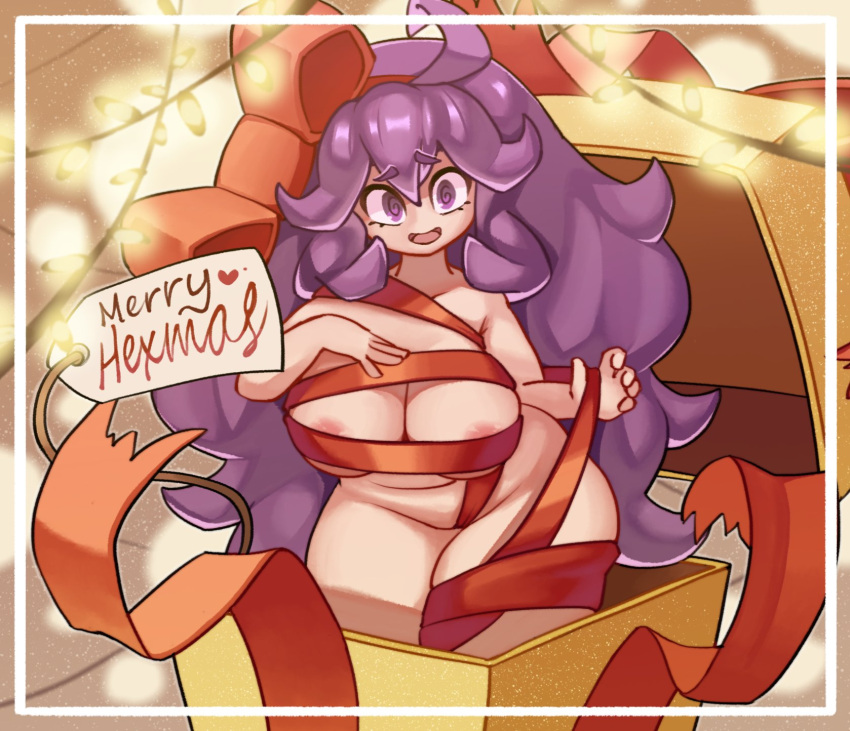 areola areola_slip areolae big_breasts breasts christmas christmas_lights christmas_present chubby cleavage functionally_nude hex_maniac krutr_(artist) long_hair looking_at_viewer nintendo open_mouth pokemon pokemon_xy present solo solo_female thick_thighs wide_hips