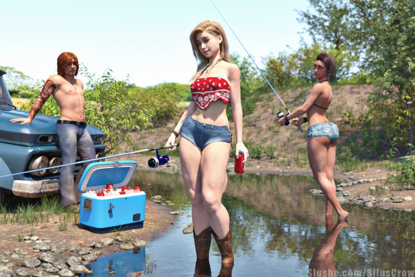 1boy 2girls 3d athletic athletic_female blonde_hair boots brown_hair charlotte_(siluscrow) clothed clothing colin_(siluscrow) fishing jean_shorts long_hair looking_at_viewer medium_breasts orange_hair original outdoor outdoors outside pinup red_hair robyn_(siluscrow) short_hair siluscrow slushe_(website) small_breasts standing standing_in_water water