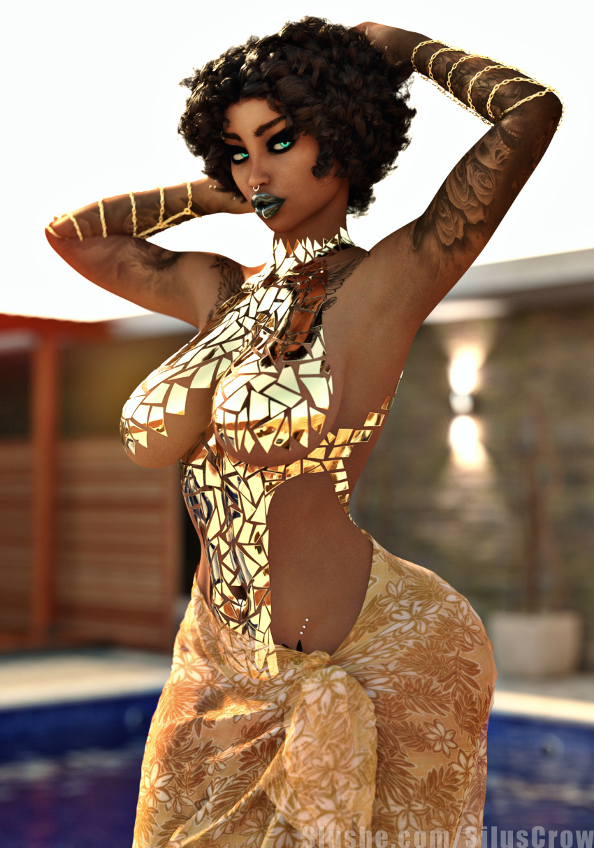 1girls 3d arm_tattoo black_lipstick black_tape_project chest_tattoo curly_hair dark-skinned_female dark_skin female female_only gold_tape large_breasts lip_ring looking_at_viewer medium_hair nose_ring original pinup poolside sagging_breasts siluscrow slushe_(website) solo solo_female standing tagme talia_(siluscrow) tattoo tattoos wide_hips