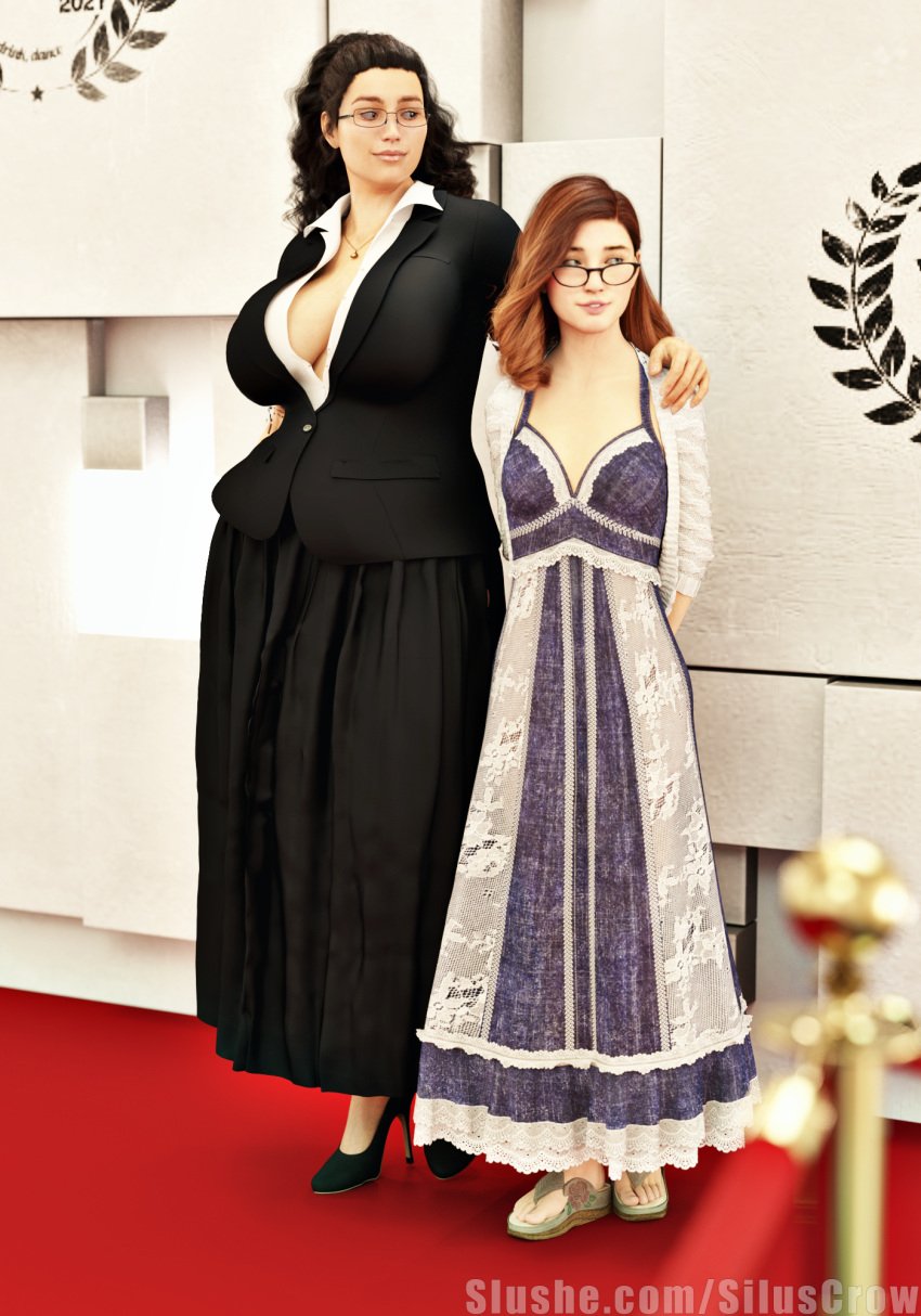 2girls 3d black_hair clothed clothing dress female female_only glasses huge_breasts long_hair michelle_(siluscrow) millie_(siluscrow) multiple_girls orange_hair original pinup red_hair sagging_breasts siluscrow slushe_(website) small_breasts standing