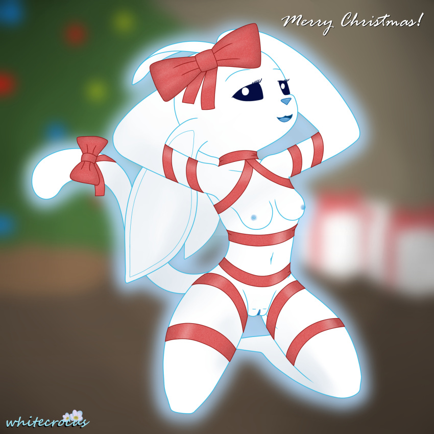 1:1 2021 anthro black_eyes blue_nipples blue_nose blue_pussy blue_tongue bow_tie breasts christmas clothing detailed_background digital_media_(artwork) english_text eyelashes female genitals glowing guardian_spirit hand_on_head hi_res holidays kneeling lingerie living_gift looking_at_viewer microsoft navel nipples ori ori_(series) ori_and_the_blind_forest ori_and_the_will_of_the_wisps pupils pussy red_bow_tie red_ribbon small_breasts solo text tongue white_body white_pupils whitecrocus wrapped_up