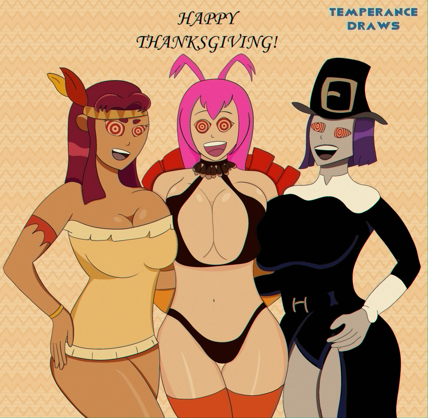 3girls alien alien_girl bare_legs big_breasts bikini breast_press breast_to_breast breasts clothed curvaceous curvy curvy_female dc dc_comics female female_only hourglass_figure hypnosis kole koriand'r large_breasts long_hair mind_control multiple_girls native_american native_american_clothing native_american_headdress pilgrim pilgrim_hat pink_hair puritan purple_hair rachel_roth raven_(dc) red_hair short_hair smile smiling smiling_at_viewer starfire straight_hair teen_titans temperancedraws thanksgiving turkey turkey_costume voluptuous