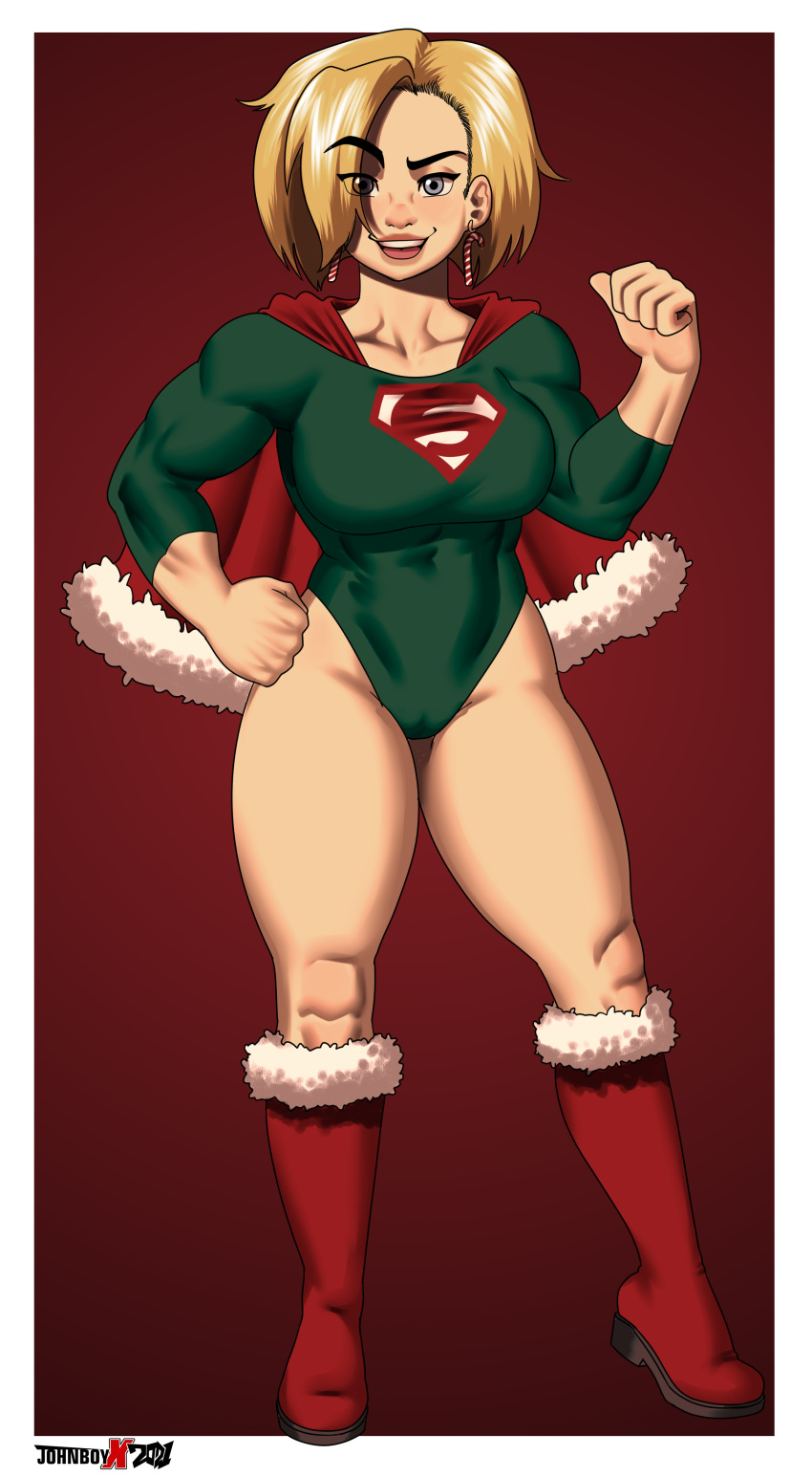 1girls alien_humanoid alternate_costume big_breasts blonde_hair blue_eyes cameltoe christmas christmas_outfit dc dc_comics dc_super_hero_girls female female_only kara_danvers kara_zor-el kryptonian leotard muscular_female short_hair solo solo_female solo_focus supergirl superheroine thick_thighs xjohnboyx