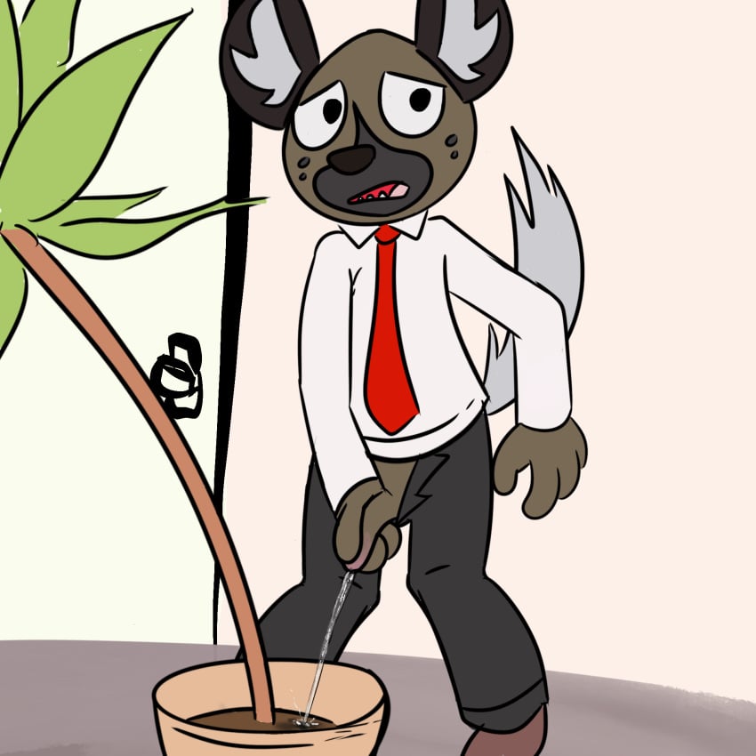 aggressive_retsuko anthro blush bodily_fluids caught desperation genital_fluids genitals haida hi_res holding_penis hyaenid illegaleel improvised_toilet male male_only mammal omorashi peeing peeing_into_container penis penis_through_fly plant_pot poking_out public_urination sanrio smooth_fur solo unzipped unzipped_pants urine