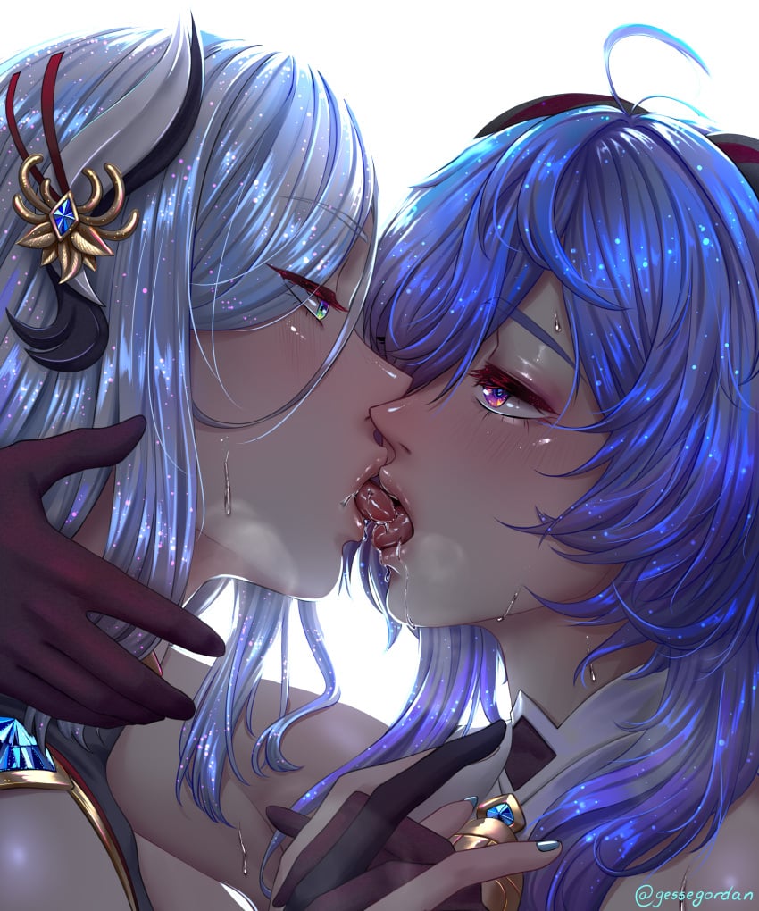 2girls absurd_res arm_around_neck bangs blue_eyes blue_hair blush female fingers_interlocked french_kiss ganyu_(genshin_impact) genshin_impact gessegordan gloves green_eyes hair_between_eyes hair_ornament hair_over_one_eye hi_res highres holding_hands horn horns incest interlocked_fingers kissing lesbian long_hair looking_at_another looking_at_partner looking_pleasured plain_background pleasure_face purple_eyes saliva saliva_on_tongue saliva_trail shenhe_(genshin_impact) simple_background tongue tongue_kiss tongue_out wet wet_hair wet_skin white_background white_hair yuri