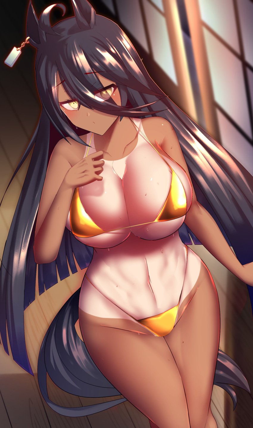 absurdres animal_ears bigshine000 bikini black_hair blush breasts cleavage dark-skinned_female dark_skin earrings female hair_between_eyes highres horse_ears horse_tail jewelry large_breasts long_hair looking_at_viewer manhattan_cafe_(umamusume) navel one-piece_tan solo sweat swimsuit tail tan tanline umamusume yellow_bikini yellow_eyes