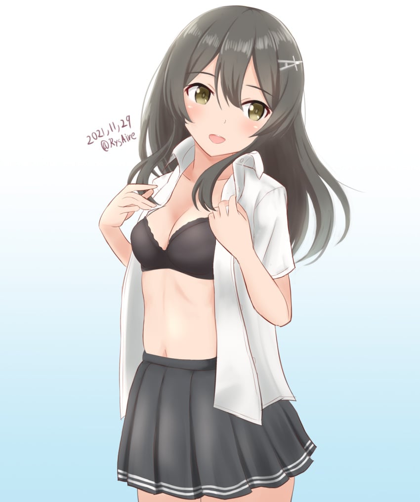 ame-san black_bra black_hair black_skirt bra breasts brown_eyes cleavage collared_shirt cowboy_shot dated dress_shirt eyebrows_visible_through_hair female gradient gradient_background hair_between_eyes hair_ornament hairclip highres kantai_collection long_hair medium_breasts navel open_clothes open_mouth open_shirt oyashio_(kantai_collection) pleated_skirt remodel_(kantai_collection) shirt short_sleeves simple_background skirt solo standing stomach twitter_username underwear white_shirt