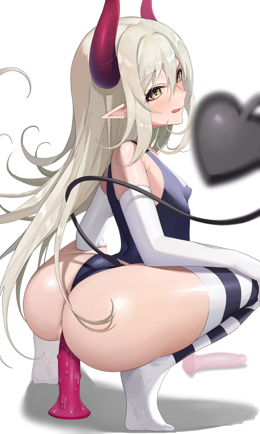 :q absurdres ass ass_focus bangs bare_shoulders bisco_(bisco_art) blue_swimsuit blush breasts demon_girl demon_horns demon_tail dildo elbow_gloves emma_august female from_behind from_side full_body gloves hair_between_eyes highres horns licking_lips long_hair looking_at_viewer looking_back nijisanji no_shoes object_insertion old_school_swimsuit pointy_ears red_horns school_swimsuit sex_toy silver_hair small_breasts solo squatting straight_hair striped striped_legwear swimsuit tail thighhighs tongue tongue_out vaginal_object_insertion vaginal_penetration virtual_youtuber white_gloves yellow_eyes