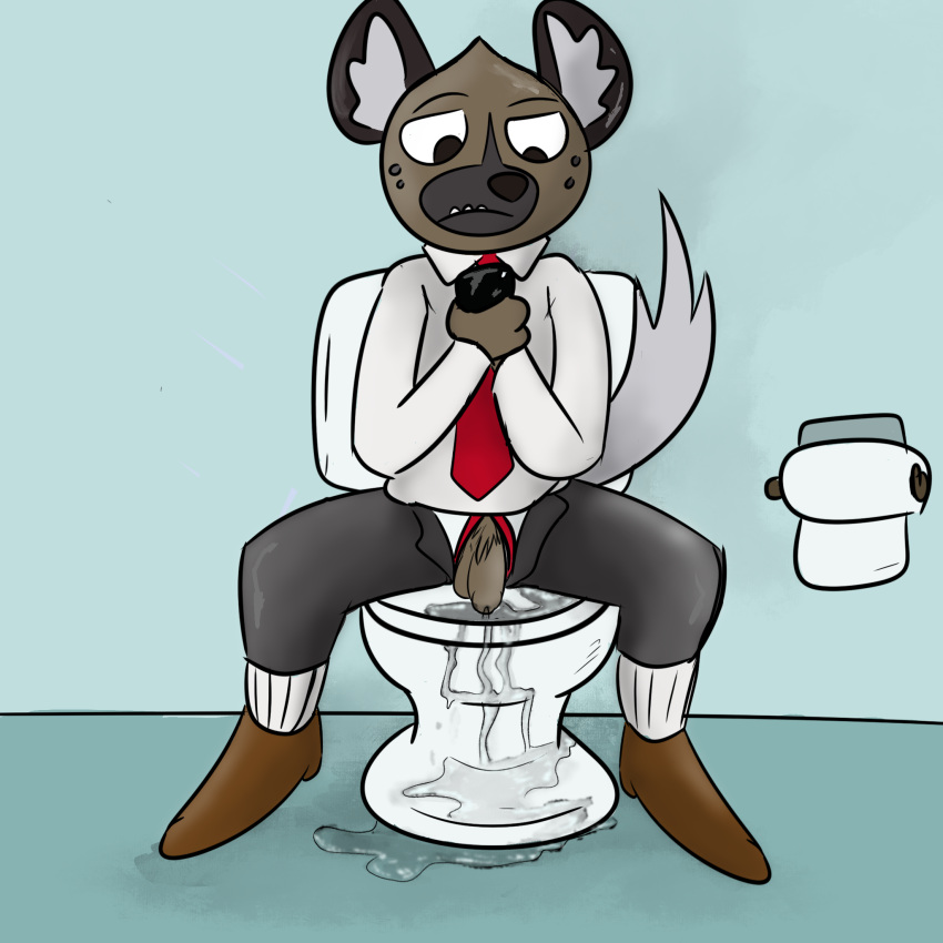 accidental_wetting aggressive_retsuko anthro bodily_fluids distracted genital_fluids genitals haida hi_res hyaenid illegaleel looking_at_object looking_at_phone male mammal peeing penis penis_through_fly poking_out sanrio sitting_on_toilet smooth_fur solo spotted_hyena toilet_use unzipped urine urine_pool watersports