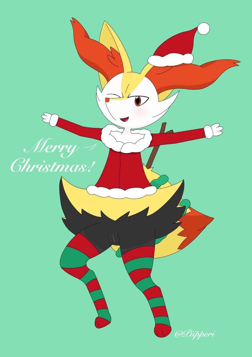 absurd_res anthro black_body black_fur blush bodily_fluids braixen christmas christmas_clothing christmas_headwear clothing costume digital_media_(artwork) female fur genital_fluids genitals hair hat headgear headwear hi_res holidays jacket legwear nintendo piipperi pokémon_(species) pokemon pokemon_(species) pussy red_body red_clothing red_eyes red_fur red_hair santa_costume santa_hat solo stick stockings thigh_highs topwear video_games white_body white_fur yellow_body yellow_fur