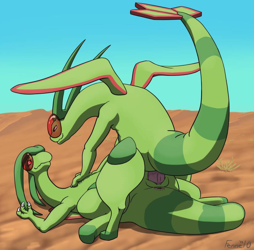 2021 anus bodily_fluids claws desert digital_media_(artwork) dominant dominant_female dragon duo female female_on_top fennelseed feral flygon genital_fluids genitals glaring hi_res lying male male/female nintendo on_back on_top penis pinned pokémon_(species) pokemon pokemon_(species) pussy_juice riding sand smug submissive submissive_male video_games