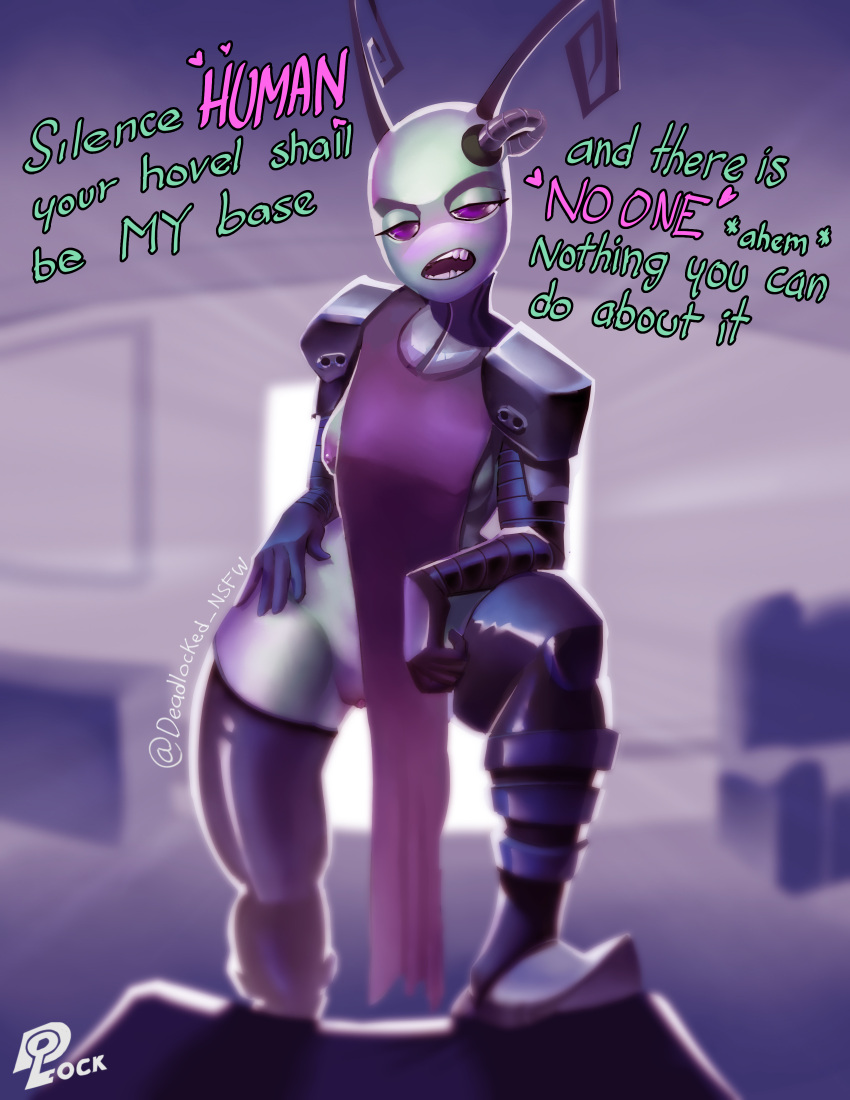 absurd_res alien alien_girl alien_humanoid antennae blush clothed clothing dialogue_box duck_lock female green_skin hi_res humanoid ineffective_clothing invader_zim irken nickelodeon partially_clothed solo tak tak_(invader_zim) tak_(irken)_(invader_zim)