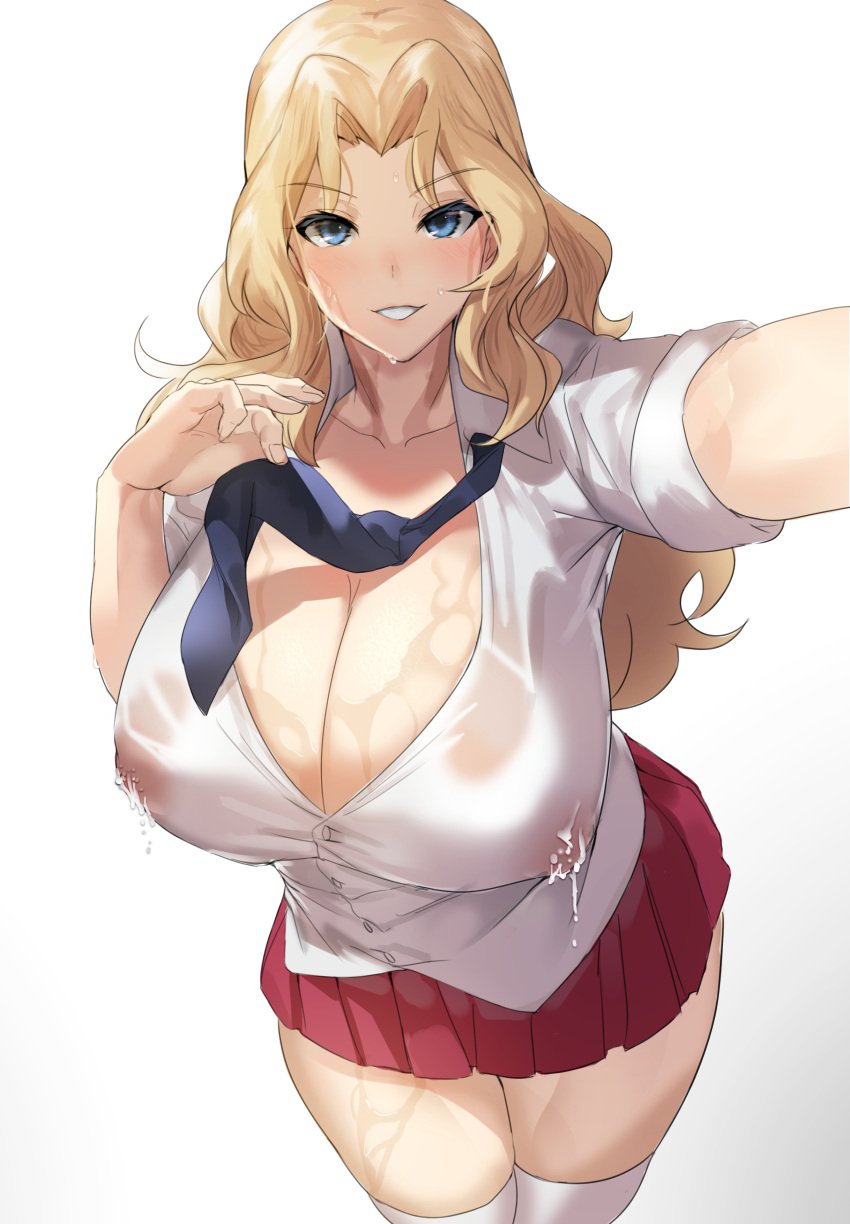 1girls absurd_res blonde_hair blue_eyes blue_necktie blue_neckwear breasts cleavage clothing collared_shirt cowboy_shot curvaceous curves female girls_und_panzer hi_res huge_breasts kay_(girls_und_panzer) lactation lactation_through_clothes legwear long_hair looking_at_viewer naughty_face necktie nipples open_mouth out_of_frame pleated_skirt red_skirt sakanaaj1 see-through shirt simple_background skirt sleeves_rolled_up smile sweat thick_thighs thighhighs thighs white_background white_legwear