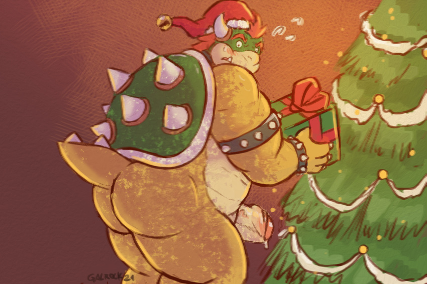 2021 ass bara belly blush bowser caught christmas christmas_clothing christmas_headwear christmas_tree clothing dripping_penis erection foreskin galrock genitals gift hat headgear headwear hi_res holidays horn humanoid_genitalia humanoid_penis koopa looking_at_viewer male male_only mario_(series) nintendo penis plant santa_hat scalie shell solo solo_male spike_(disambiguation) tree video_games