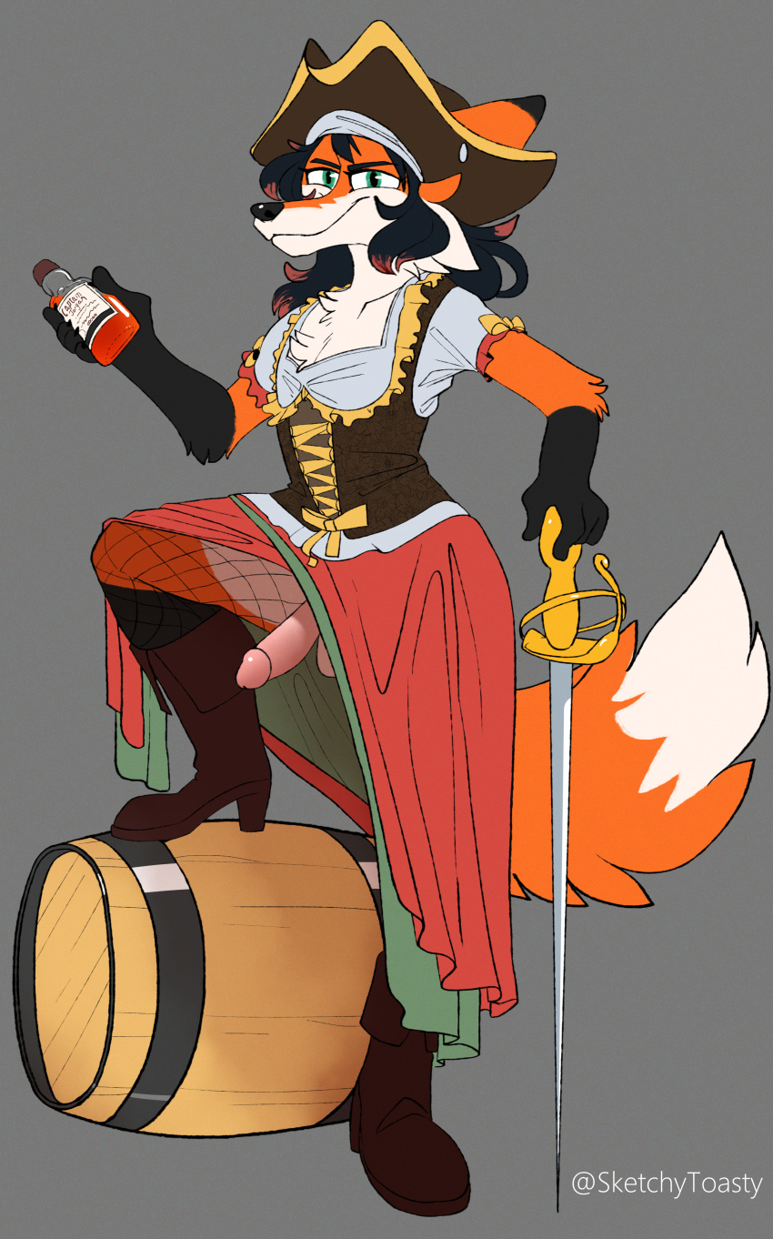 absurd_res alcohol anthro barrel beverage canid canine clothed clothing corset costume crossdressing dress fishnet fox genitals girly girly_hair hi_res lingerie male mammal melee_weapon penis pirate pose sketchytoasty skinny smile smirk solo sword topwear weapon