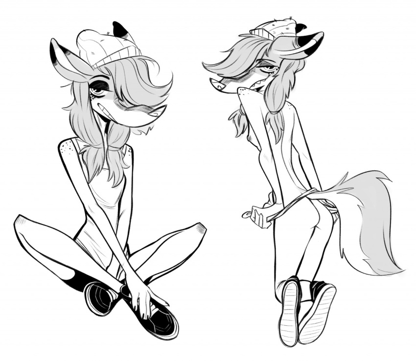 2021 anthro black_and_white breasts canid canine canis clothed clothing female freckles hair lenyavok mammal monochrome nipples oriana_thaffer panties panties_down partially_clothed shirt skinny small_breasts solo tank_top topwear underwear underwear_down wolf