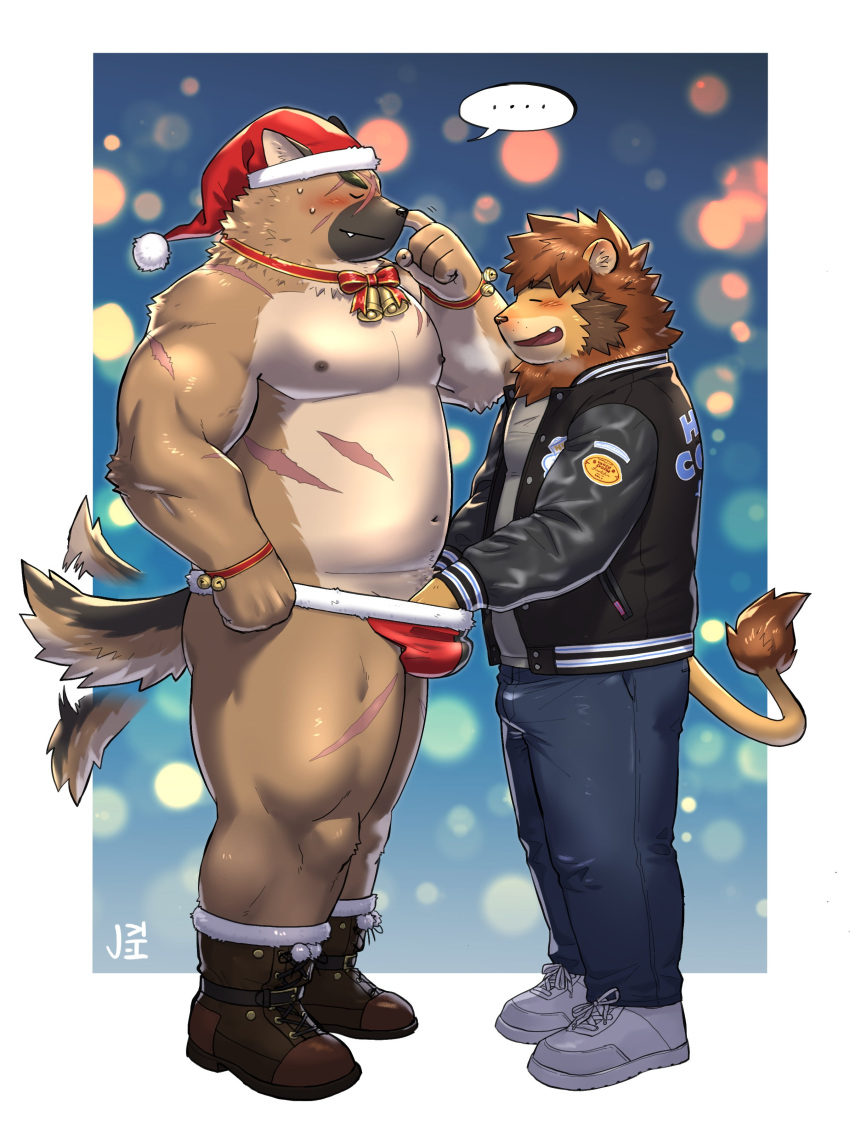 2021 absurd_res anthro belly blush bottomwear brown_body bulge canid canine canis christmas christmas_clothing christmas_headwear closed_eyes clothing domestic_dog duo felid hat headgear headwear hi_res holidays humanoid_hands jeck kemono lifewonders lion male male/male mammal musclegut navel nipples overweight overweight_male pantherine pants santa_hat tail_motion tailwag tokyo_afterschool_summoners underwear video_games yasuyori