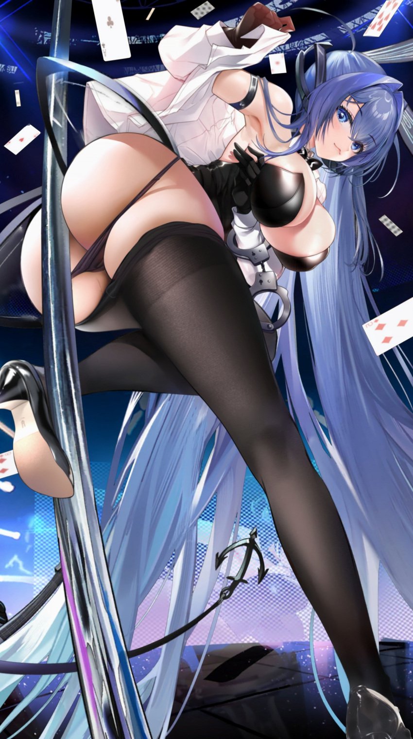 ass azur_lane blue_eyes blue_hair breasts card cleavage clothes_pull cuffs female female handcuffs high_heels highres large_breasts legs long_hair looking_at_viewer new_jersey_(azur_lane) panties panty_pull pantyhose pantyhose_pull playing_card qibu_yuren_jiu smile solo thighs underwear undressing very_long_hair