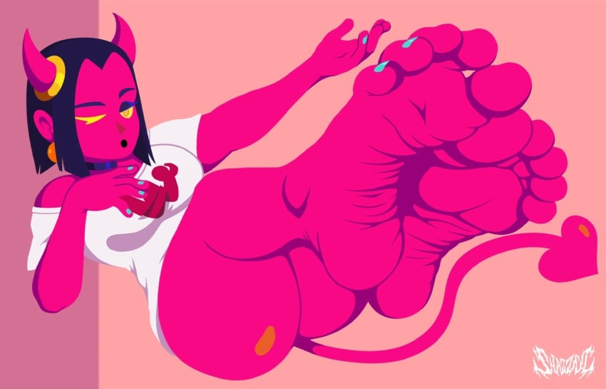 1girls ass demon demon_girl demon_horns demon_tail feet feet_together female female_only foot_fetish foot_focus going_under painted_fingernails painted_nails painted_toenails partially_clothed red_skin shazzul soles solo toes wink winking winking_at_viewer winkubus