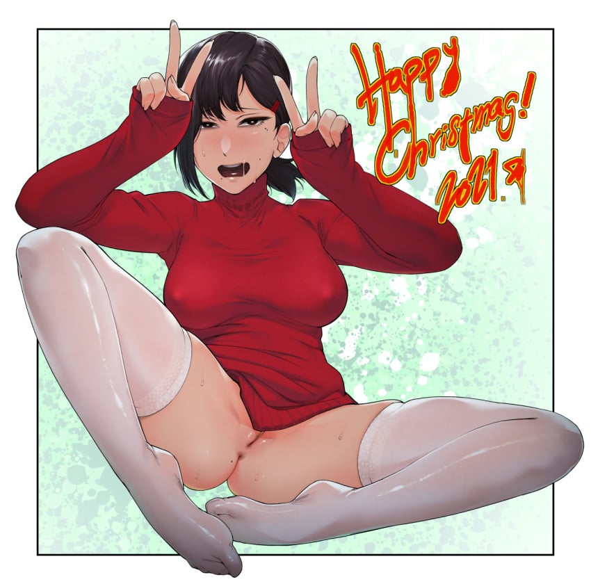 1girls beauty_mark black_hair bottomless chainsaw_man christmas christmas_outfit embarrassed exposed_pussy female female_only hairclip higashiyama_kobeni no_panties open_mouth peace_sign ponytail presenting presenting_pussy pussy rat_huang short_hair spread_legs stockings sweat thighhighs v_sign vagina