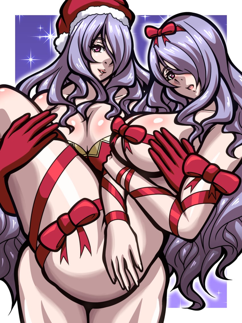 2girls bare_legs bare_shoulders breasts camilla_(fire_emblem) cleavage completely_nude dual_persona female_only fire_emblem fire_emblem_fates gift hair_over_one_eye hat inabakun00 large_breasts leotard long_hair looking_at_viewer multiple_girls multiple_persona naked_ribbon nintendo nude nude_female open_mouth princess_carry purple_eyes purple_hair ribbon santa_hat smile very_long_hair wavy_hair