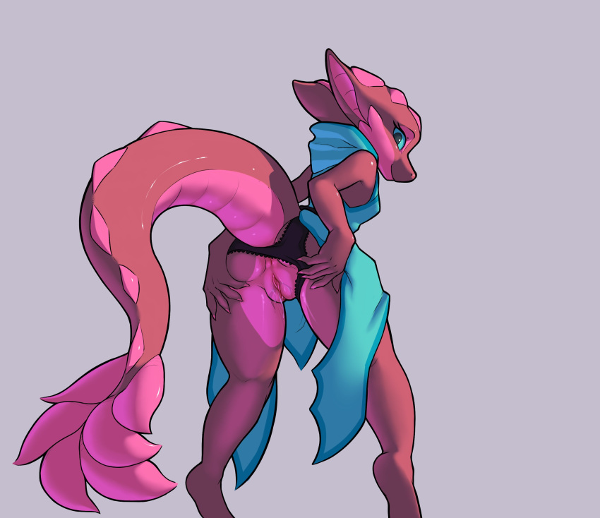 2021 absurd_res anthro anus ass bdmon biped bodily_fluids clothed clothing clothing_aside female genital_fluids genitals hand_on_butt hi_res jina_(phluks) kobold pink_body pussy pussy_juice rear_view simple_background solo spread_butt spreading underwear underwear_aside