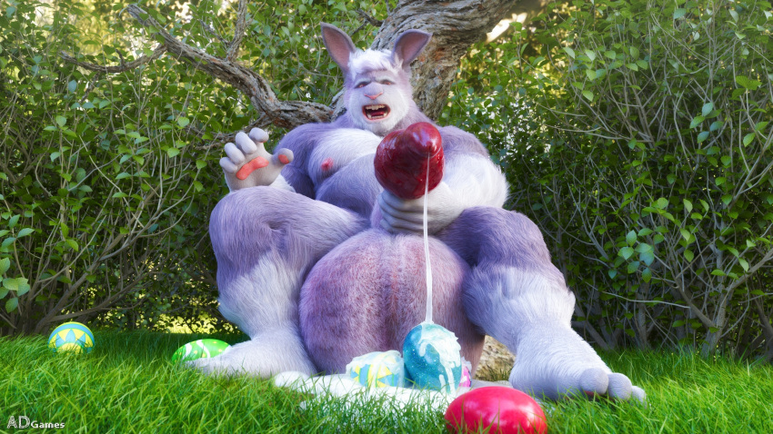 16:9 3d ad-games anthro balls big_balls big_penis bodily_fluids cum cum_drip dripping easter_egg egg egg_laying genital_fluids genitals hi_res huge_balls huge_cock humanoid jeannot_(ad-games) lagomorph leporid male mammal nipples penis rabbit solo urethral_egg_laying